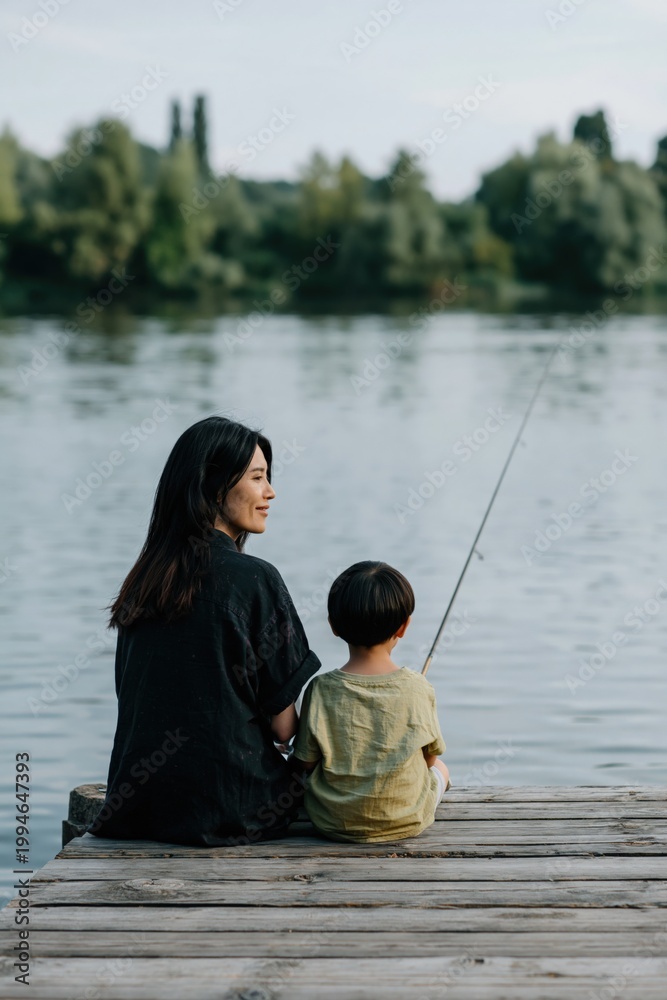 Fototapeta premium Woman and child sitting with fishing rod by lake on dock