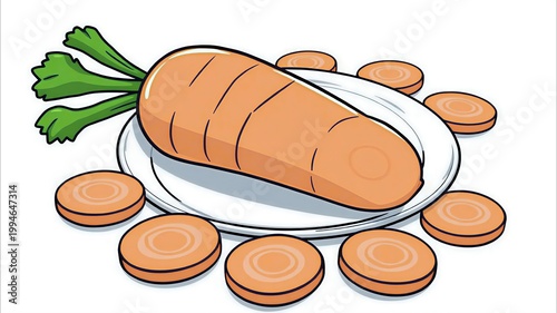 ​Fresh orange carrot and carrot slices on a plate illustration, organic root vegetable isolated on white background