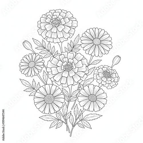 A bouquet of flowers with leaves and stems in a simple line drawing style  isolated on transparent background transparent background