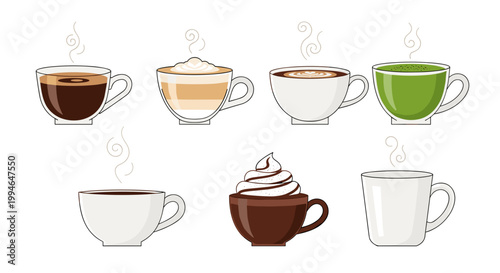 Colorful coffee cups with steam.