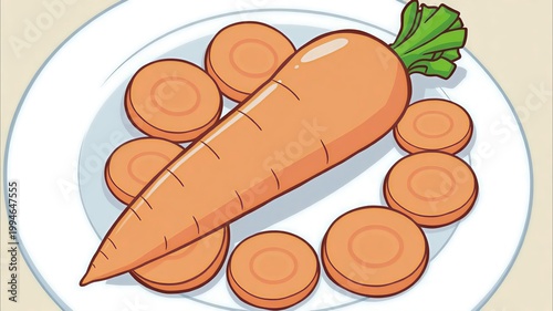 ​Fresh orange carrot and carrot slices on a plate illustration, organic root vegetable isolated on white background