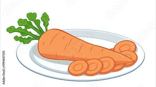 ​Fresh orange carrot and carrot slices on a plate illustration, organic root vegetable isolated on white background