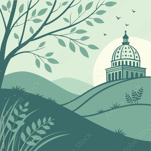 A serene illustration of a government building on a hill with a tree and birds in a minimalist style