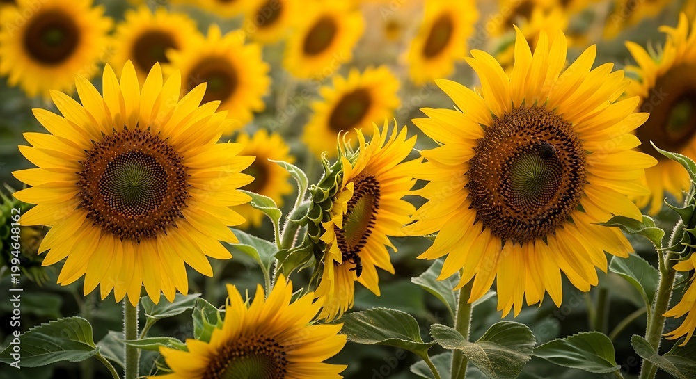 Fototapeta premium Field of Vibrant Sunflowers in Full Bloom Under Sunlight.
