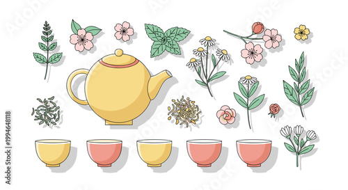 Tea Cups and Teapot Illustration 1.