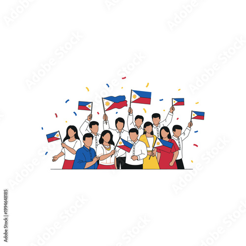 People celebrate with Philippine flags in festive atmosphere outdoors