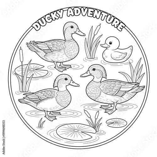 Ducks swimming in pond with lily pads and cattails  Ducky Adventure illustration transparent background