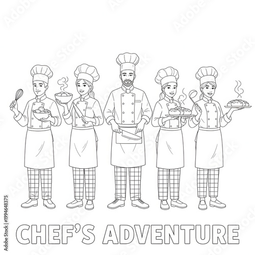 Five chefs in a row holding various food and kitchen utensils smiling  culinary team transparent background