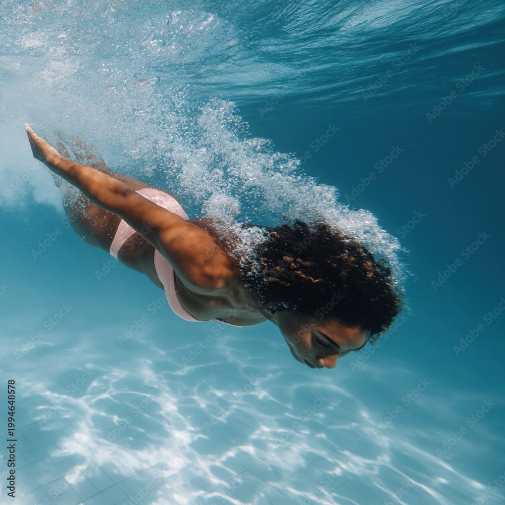 Obraz premium Woman swimming underwater in pool, streamlined horizontal pose