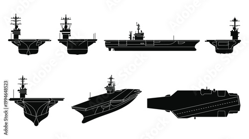 Set of black aircraft carrier silhouettes showing the military naval vessel from various angles including front, side, and top views in a minimalist graphic icon style