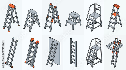 Ladders and step stools in a diverse set of designs, featuring stepladders, extension ladders, and mobile platform ladders for various tasks.