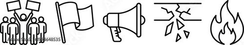 Protest and activism line art icon set representing feminism, social justice, and revolution with symbols like a raised fist, megaphone, and broken glass ceiling