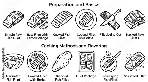Fish fillet icons representing various stages of preparation, cooking, and serving seafood dishes in a collection.