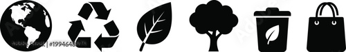 Environmental and ecological icons set featuring earth, recycling, nature, and renewable energy symbols for sustainability concepts.