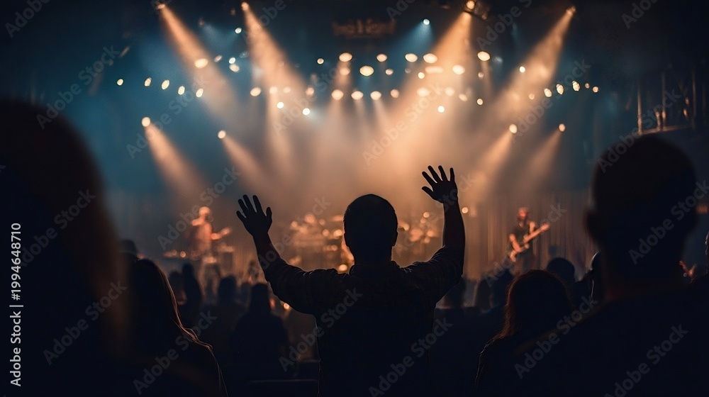 Obraz premium Audience raising hands enjoying live music concert atmosphere