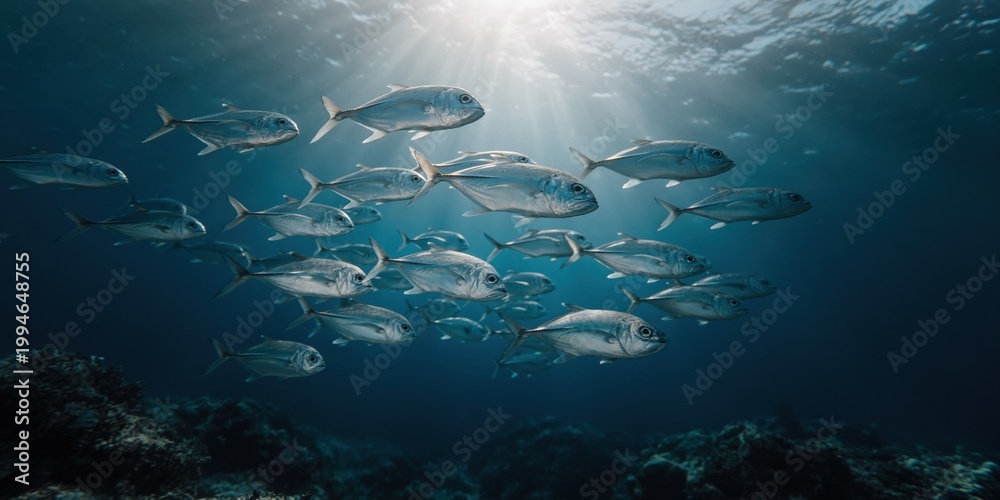 Naklejka premium School of fish swimming beneath sunlit surface in open ocean