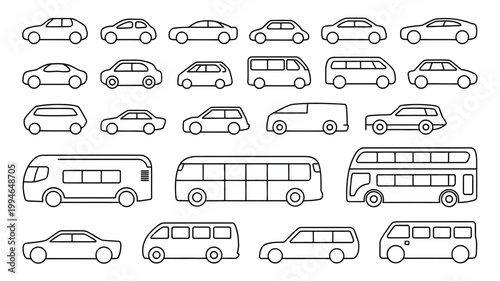 A collection of various vehicle outlines are displayed including cars vans buses and trucks presented in a simple linear style high quality professional detailed modern elegant