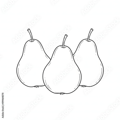 Three pears illustration in black and white line art style on plain background transparent background