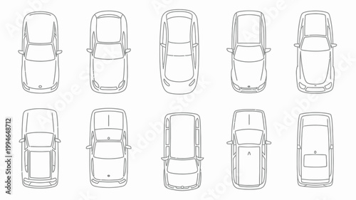 A collection of twelve vehicle outlines are displayed in a grid pattern showcasing top down views of various car types high quality professional detailed modern elegant