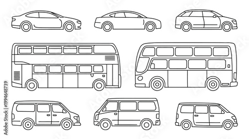 A collection of outlined vehicles is presented including cars buses and vans all rendered in a simple minimalist style high quality professional detailed modern elegant stylish