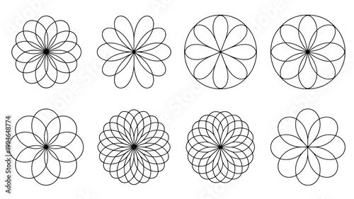 A collection of eight black and white floral inspired circular designs are displayed on a plain white background exhibiting symmetrical patterns high quality professional detailed modern