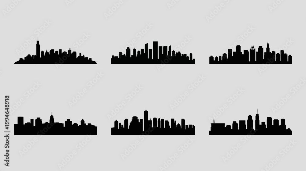 Fototapeta premium A minimalist graphic displays six distinct black city skylines against a neutral gray background showcasing urban landscapes high quality professional detailed modern elegant stylish clean crisp