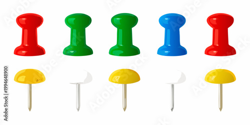 Colorful push pins and thumbtacks arranged in a neat organized row