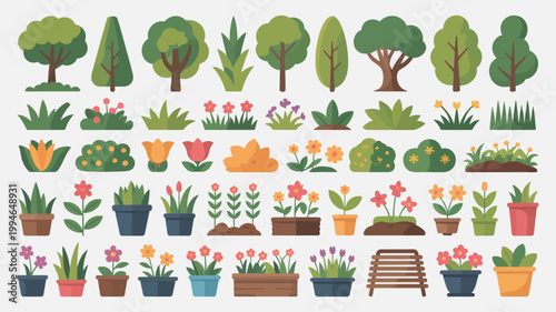 A colorful arrangement of various stylized trees shrubs flowering plants and potted plants is displayed on a light gray background high quality professional detailed modern elegant