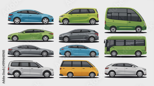 A colorful collection of various car types are displayed including sedans hatchbacks suvs and vans all shown in profile view high quality professional detailed modern elegant
