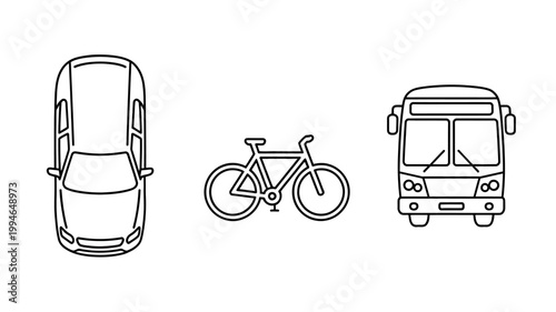 A minimalist line drawing showcases a top down view of a car a bicycle and a public transit bus arranged side by side high quality professional