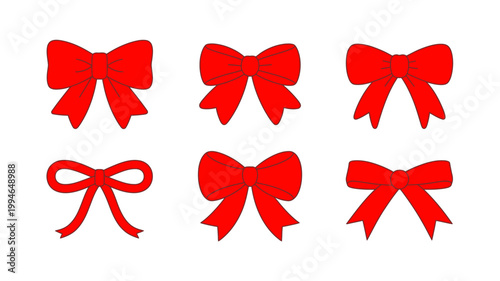 A collection of six vibrant red bows are displayed against a clean white background showcasing different styles and shapes high quality professional detailed modern elegant stylish