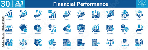 Financial Performance editable icon set vector illustration concept for business with icon of Performance, Profit, Profit Growth, Growth Rate, Revenue, Revenue, Income, Income, Earning Sharing.
