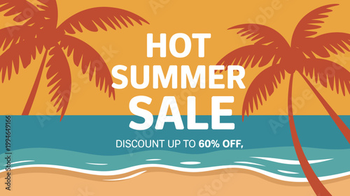 A vibrant summer sale advertisement features tropical palm trees a sandy beach and text promoting a discount of up to 60 high quality professional detailed modern