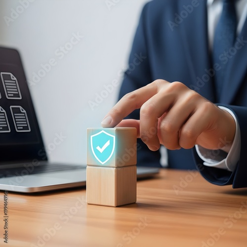Cybersecurity specialist implementing data protection strategy with shield security icon on wooden blocks, ensuring compliance, risk management, Enterprise & Security, privacy protection and secure 
