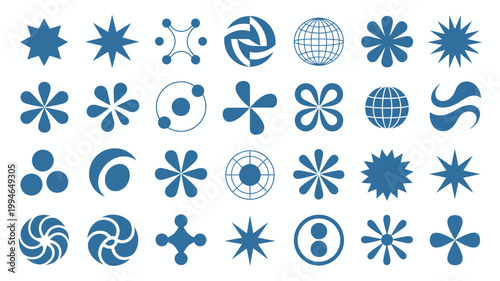 A collection of abstract blue geometric shapes and icons are displayed against a clean white background showcasing diverse designs high quality professional detailed modern elegant stylish