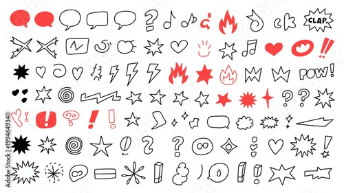 A collection of hand drawn doodle style speech bubbles stars and various expressive symbols in black and red high quality professional detailed modern elegant stylish clean