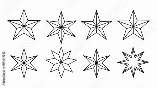 A collection of eight black and white star illustrations are displayed against a plain white background showcasing various point counts high quality professional detailed modern elegant