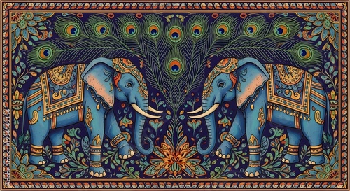 Ornate blue elephants stand facing each other surrounded by detailed traditional patterns and majestic peacock feathers to create a stunning piece of cultural artwork that highlights the beautiful