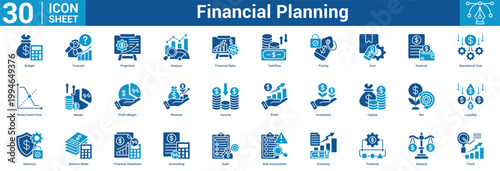 Financial Planning editable icon set vector illustration concept for business with icon of Budget, Forecast, Projection, Analysis, Financial Ratio, Cashflow, Pricing, Cost, Expense, Operational Cost.