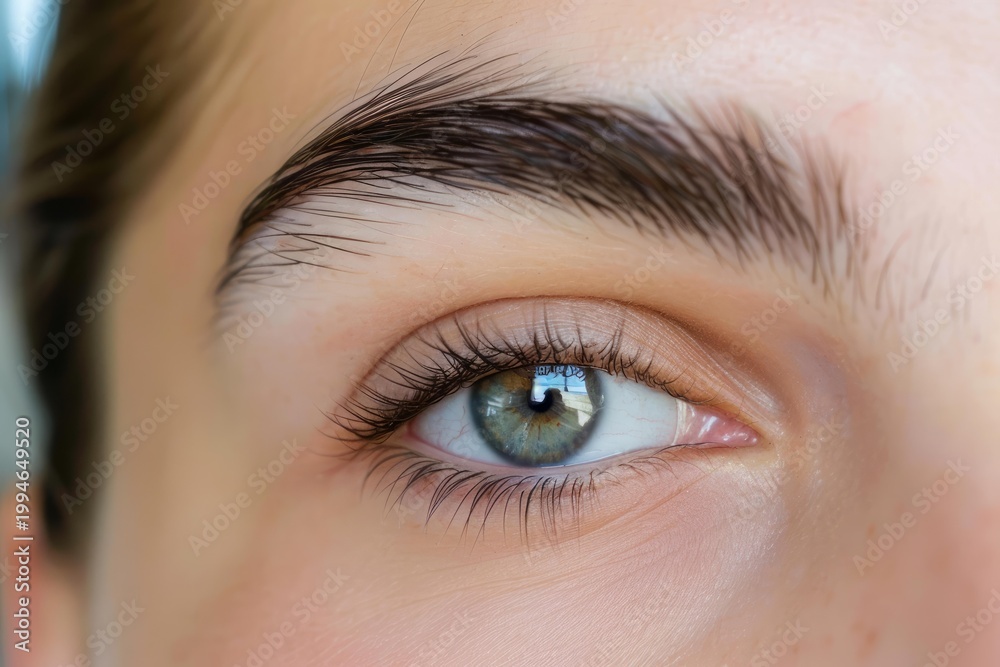 Fototapeta premium Close up of a female eye with long eyelashes, showcasing perfect eyebrow shape and highlighting natural beauty