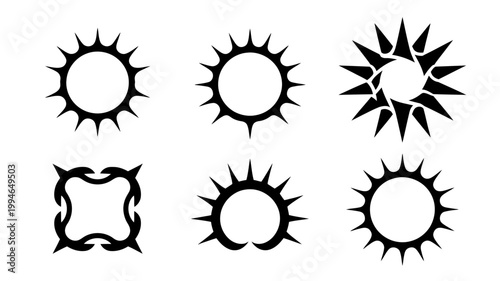 A collection of six black tribal style circular frames and two additional unique ornamental designs are displayed on a white background high quality professional detailed modern
