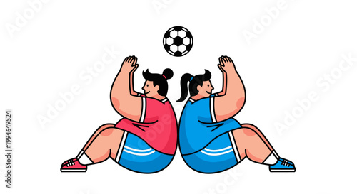 Two cartoon soccer players with a ball ready to play.