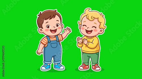 Two cheerful cartoon children waving and clapping happily together on green background.