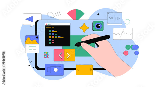 A digital illustration shows a hand using a stylus on a smartphone surrounded by icons representing creative software tools high quality professional detailed modern elegant stylish