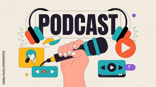 A hand holds a microphone with headphones above surrounded by podcasting icons and colorful graphic elements high quality professional detailed modern elegant stylish clean crisp vibrant
