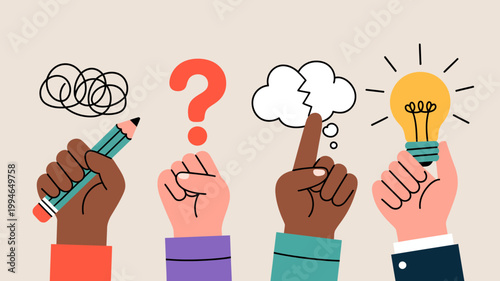 Four hands illustrate stages of thought confusion questioning ideation and a bright idea represented by a lightbulb high quality professional detailed modern elegant stylish clean crisp