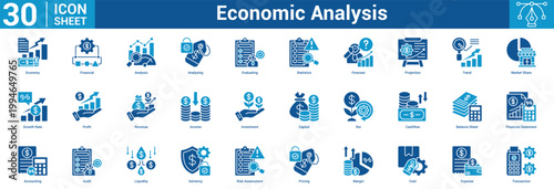 Economic Analysis editable icon set vector illustration concept for business with icon of Economy, Financial, Analysis, Analysing, Evaluating, Statistics, Forecast, Projection, Trend, Market Share.
