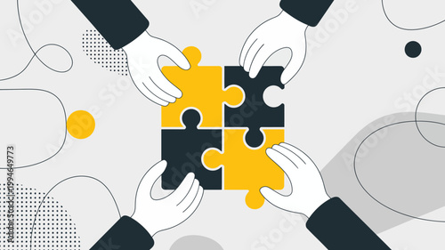 Four hands collaborate to connect interlocking puzzle pieces symbolizing teamwork and problem solving in a minimalist style high quality professional detailed modern elegant stylish clean crisp