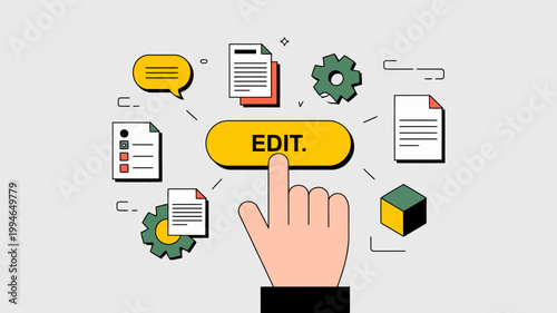 A hand is shown pressing an edit button surrounded by icons representing document management process flow and content creation high quality professional detailed modern elegant stylish
