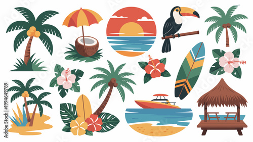A vibrant colorful illustration depicts a tropical paradise scene with palm trees a toucan beach elements and a sunset high quality professional detailed modern elegant stylish